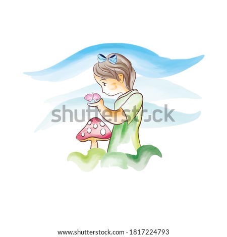 Watercolor Vector Illustration of Young Girl in Wonderland