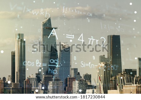 Scientific formula hologram on Manhattan cityscape background, research concept. Multiexposure