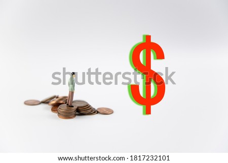 Coins and characters and money symbols on a white background