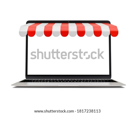 Online marketing and ecommerce business ideas, laptop with white screen and a red awning  isolated on white, 3d rendering with Clipping path.