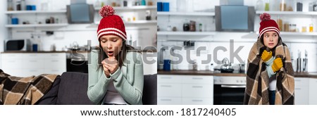 collage of cold woman in knitted hat wrapping in plaid blanket and blowing on clenched hands in kitchen, panoramic orientation Royalty-Free Stock Photo #1817240405