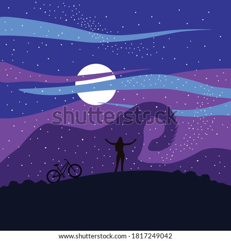 Magic night walk person under the stars on a bike under the moon. Purple sky with stars.