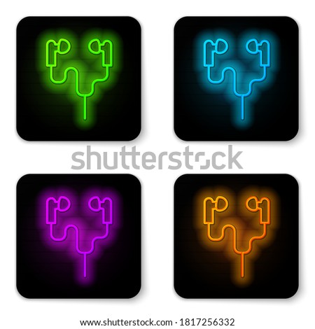 Glowing neon line Air headphones icon icon isolated on white background. Holder wireless in case earphones garniture electronic gadget. Black square button. Vector.