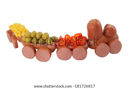 Sausage train with vegetables isolated on white