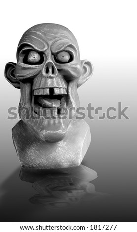 Ghoulish gargoyle face on reflective background with gradient backdrop.
