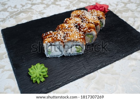 Delicious, juicy and appetizing tender rolls with eel