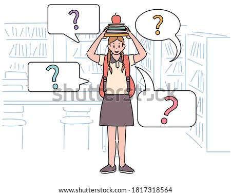  
A girl is standing in the library, stacking books on her head and looking curiously. hand drawn style vector design illustrations. 