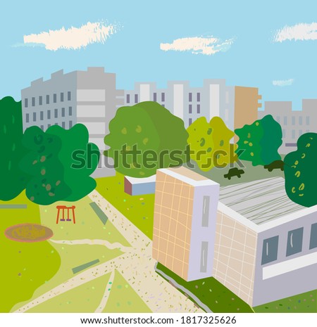 Urban scene with modern buildings and trees at the street. Vector graphic illustration