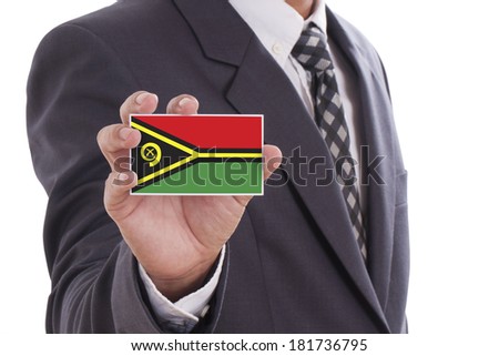 Businessman holding a business card with Vanuatu Flag 