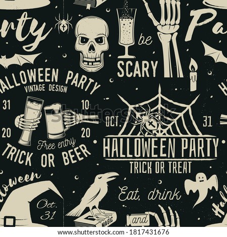 Halloween celebration seamless pattern with retro grunge effect. Vector illustration. Halloween party retro badges. Background, wallpaper, seamless pattern with patches