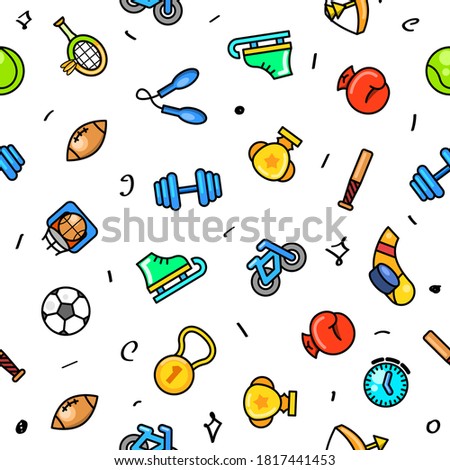 Seamless PAttern Doodle Drawn Collection Sport Hockey Dumbbell Cup Bicycle Medal Sketch Vector Design Style Background Healthy Lifestyle Fitness Illustration Icons