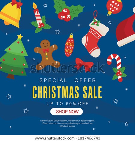 christmas sale with icon set on blue background with stars design, offer shop now and ecommerce theme Vector illustration
