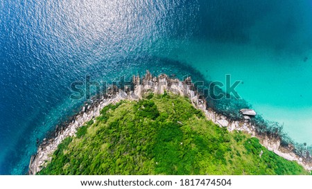 Top view, photo of the rocky part of the island from drones. Tropical island in the Gulf of Thailand