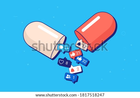 Social media addiction is like a drug - Pill spilling out social media notifications, likes and friend request. Addiction problem and nomophobia concept. Vector illustration. Royalty-Free Stock Photo #1817518247