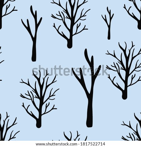 Seamless pattern vector black silhouette of tree and branches bare on blue background. Pattern for wrapping paper, backgrounds, textile and fabric. Flat vector illustration.