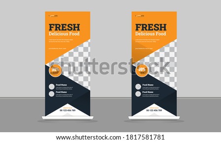 Roll up banner. Food and Restaurant Business stand vertical roll up template banner, layout Set, background, display, flag- X banner, layout in rectangle vinyl with Vector Illustration design.