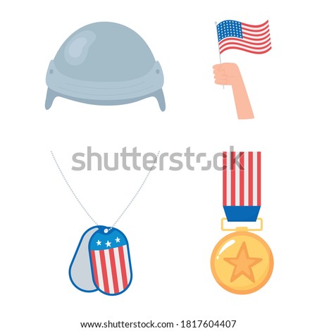 happy veterans day, medal hand with flag and helmet icons, US military armed forces soldier vector illustration