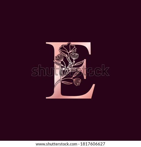 Gold Rose Flower Letter E Luxury Logo. Elegant alphabet monogram nature floral ornate initial letter vector design.