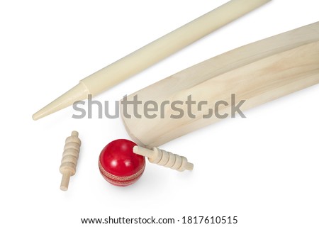 cricket bat, stumps, bails, red ball isolated on white background, wooden cricket bat all angles studio shot cutout