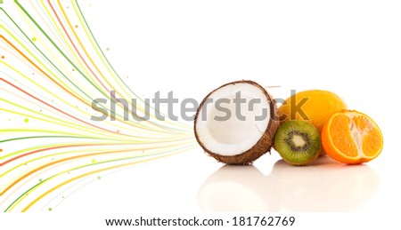 Healthy tropical fruits with colorful abstract lines on white background