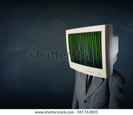 Cyber business human with a monitor screen and computer code on the display