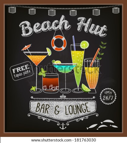 Chalkboard Beach Bar Poster - Colorful cocktails on blackboard advertisement for beach bar and lounge, with frames, swirls, labels and specials