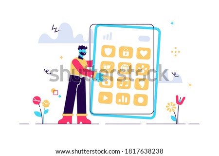 Vector illustration of Young man, hug his big smartphone. Male character on white background. Flat style modern design vector illustration for web page, cards, poster