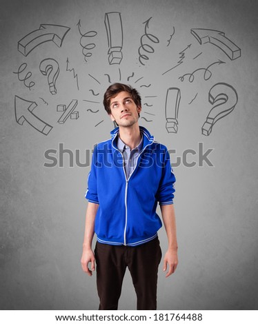 Handsome man with question sign doodles on gradient background