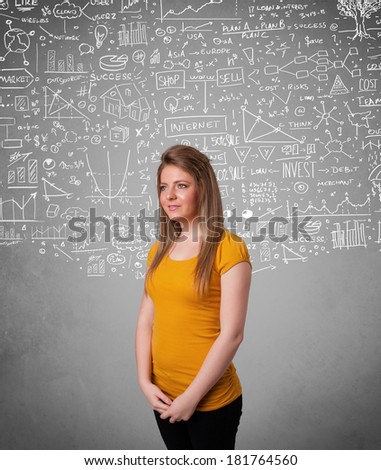 Young pretty lady with hand drawn white calculations and icons