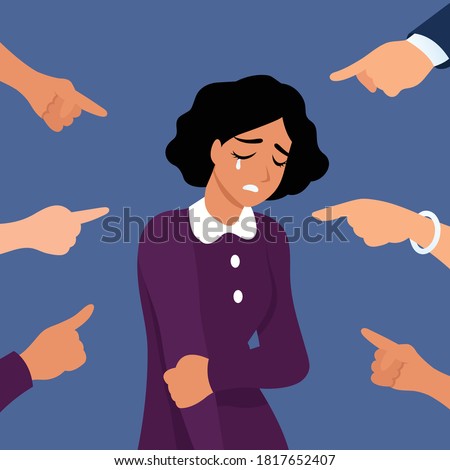 Victim women. Depressed girl in shame and hands with pointing finger. Guilty, ashamed female and blame in society vector concept. Woman frustrated, bullying employee illustration Royalty-Free Stock Photo #1817652407