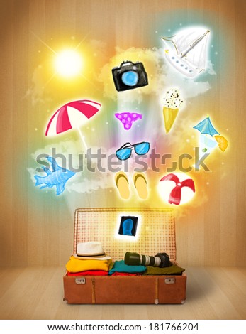 Tourist bag with colorful summer icons and symbols on grungy background