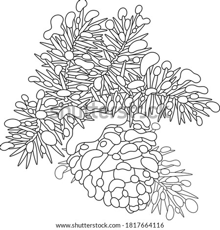 Cone hanging on a snow-covered prickly branch, black and white outline vector cartoon illustration for a coloring book page