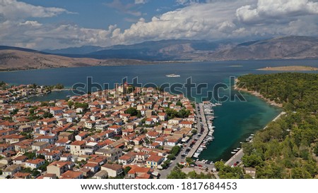 Aerial drone photo of picturesque and historic seaside village of Galaxidi, Fokida, Greece