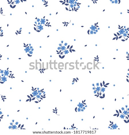 Simple floral pattern . Small blue flowers on a white background. Fun bouquet. Vector texture. Elegant print for Wallpaper.
