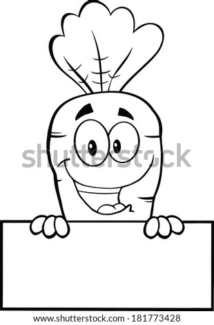 Black And White Happy Carrot Cartoon Character Over Blank Sign. Raster Illustration Isolated on white