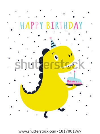cute dinosaur vector illustration for kids, birthday card with cartoon dinosaur, simple print for any design