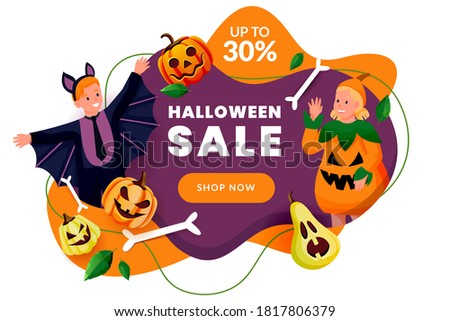 Halloween poster, discount sale banner design template. Cute happy kids in costumes of pumpkin and bat celebrate holidays. Vector flat cartoon characters illustration