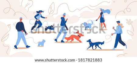 People walking with dogs. Owners and pets at park concept illustration. Illustration drawn in vibrant blue and orange colors
