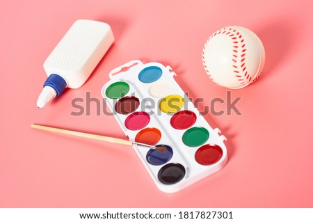 Different accessories for craft on pink background. Concept of handmade, leisure or preschool education