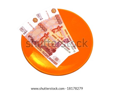 Plate with russian money isolated on white (with paths)