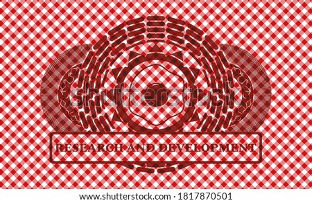 fried egg icon and Research And Development text red checkered tablecloth emblem. Restaurant fancy background. Vector illustration. 