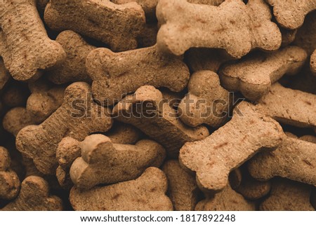 Many Bone shaped dog biscuit, macro close up, selective focus Royalty-Free Stock Photo #1817892248