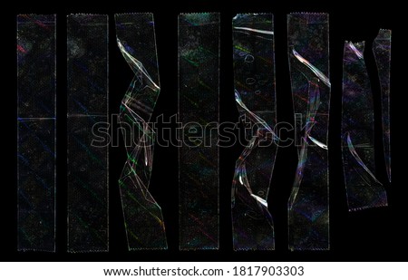 set of transparent adhesive tape or strips isolated on black background with scratches and fingerprints and neon texture, crumpled plastic sticky snips, poster design overlays or elements. Royalty-Free Stock Photo #1817903303
