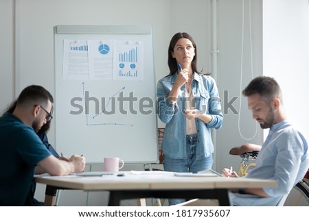 Stressed young businesswoman employee feeling nervous before flip chart presentation, standing near white board in modern boardroom, speaker mentor coach remembering speech, waiting decision Royalty-Free Stock Photo #1817935607
