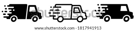 Fast moving shipping delivery van icons set. Delivery truck collection. Fast and free shipping. Fast driving vehicle sumbol. Line and flat style - stock vector.