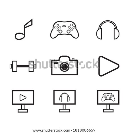 icon design with outline style. hobby icon  symbols used for websites. joystick icon, play, headphone, music, camera