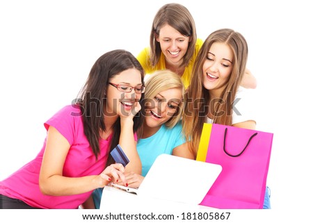 A picture of group of friends shopping online over white background