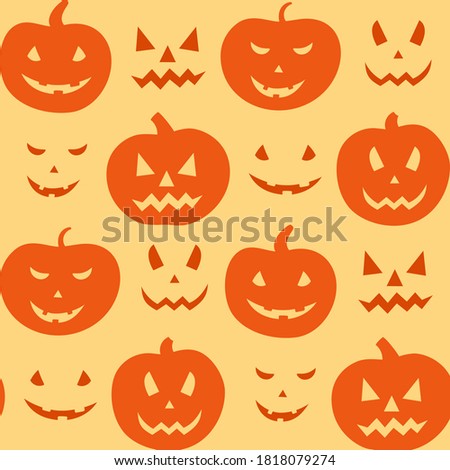 Halloween. Seamless pattern with orange pumpkin on yellow background. Endless background, wallpaper, wrapping, packaging, texture, paper. Vector illustration in flat style.