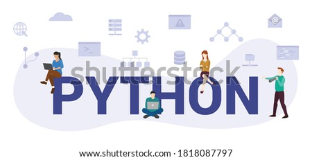 python programming language concept with modern big text or word and people with icon related modern flat style