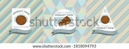 Three colored labels with illustration of apple pie